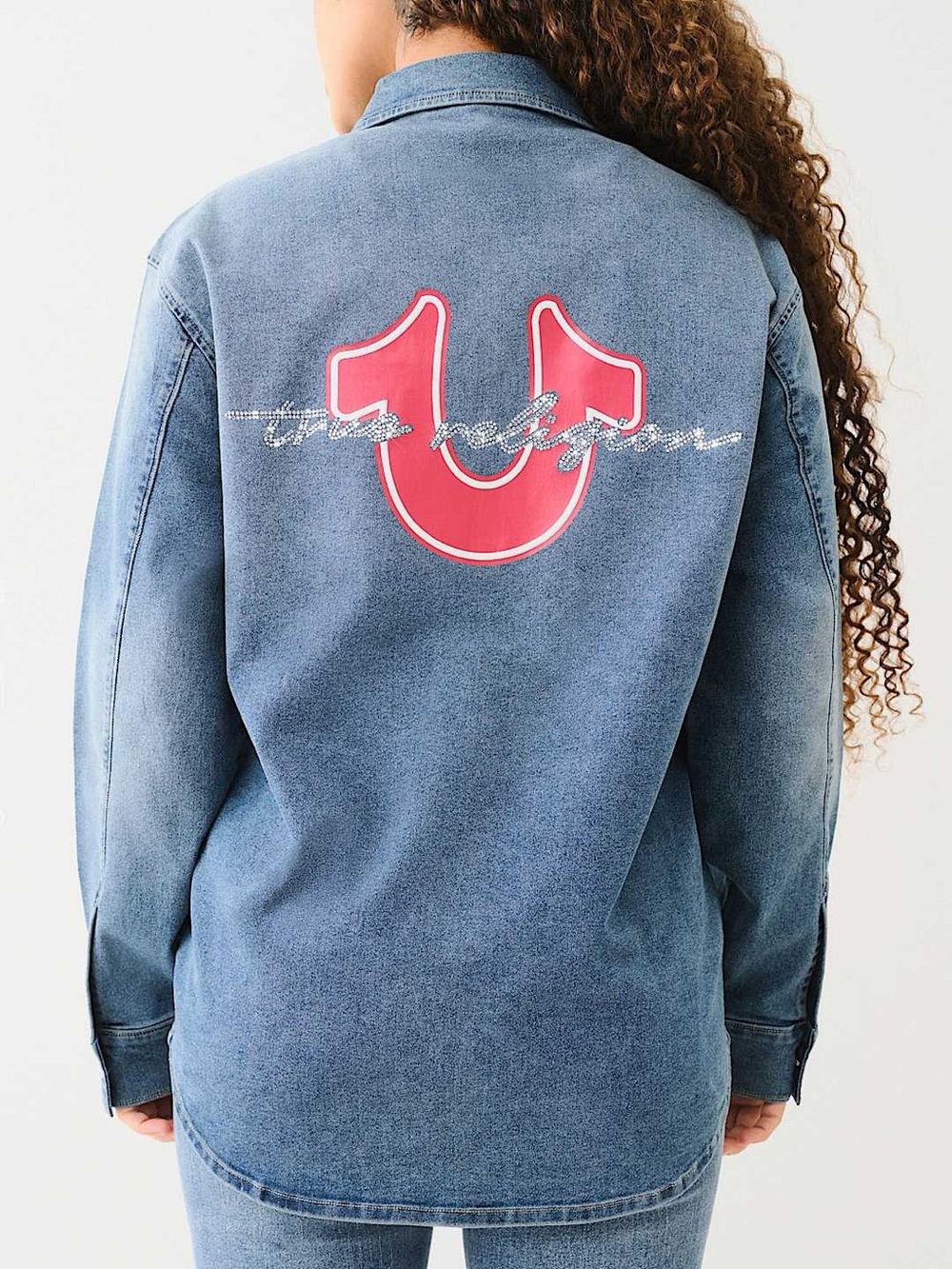 True Religion Blue Denim Long Sleeve Shirt  with Red Horseshoe Graphic
